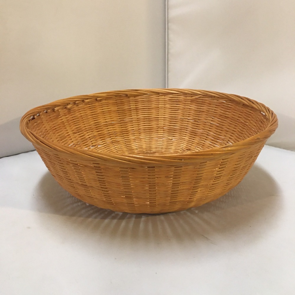 Woven Bamboo Bowl Home Decor Medium Tan Round Wicker Basket Cottagecore